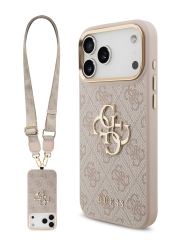 Guess для iPhone 17 Pro Max чехол Crossbody PU 4G Big metal logo Gold camera Hard + Strap Pink