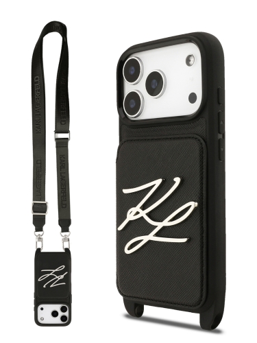 Karl Lagerfeld для iPhone 17 Pro Max чехол Crossbody cardslot PU Saffiano Autograph Hard Black