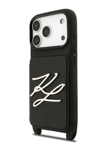 Karl Lagerfeld для iPhone 17 Pro Max чехол Crossbody cardslot PU Saffiano Autograph Hard Black