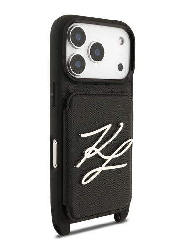 Karl Lagerfeld для iPhone 17 Pro Max чехол Crossbody cardslot PU Saffiano Autograph Hard Black