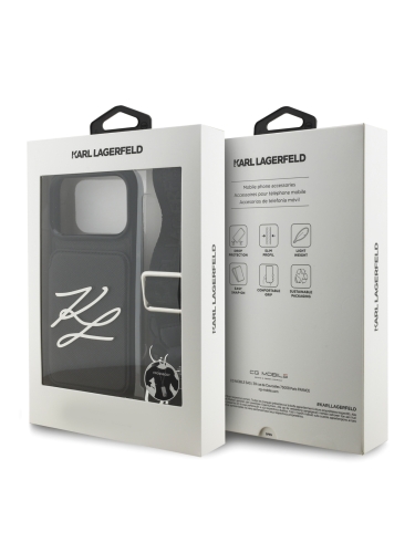 Karl Lagerfeld для iPhone 17 Pro Max чехол Crossbody cardslot PU Saffiano Autograph Hard Black