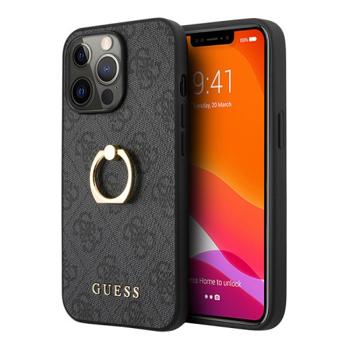 Guess чехол PU кожа с узором 4G + кольцо-подставка для iPhone 13 Pro Max, серый