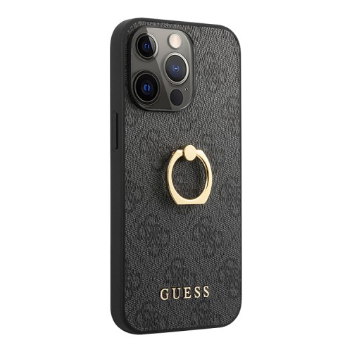 Guess чехол PU кожа с узором 4G + кольцо-подставка для iPhone 13 Pro Max, серый