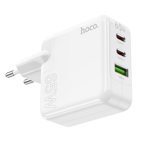 HOCO сетевое зарядное устройство C115A Header GaN charger three-port Dual Type-C PD65W + USB-A QC3.0 White