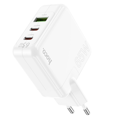 HOCO сетевое зарядное устройство C115A Header GaN charger three-port Dual Type-C PD65W + USB-A QC3.0 White