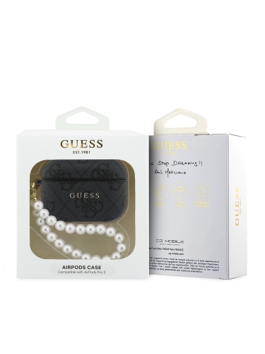 Guess для Airpods Pro 3 чехол PU leather 4G with Classic metal logo and Pearl hand strap Black