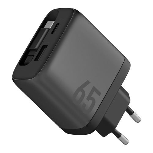 Energea СЗУ AmpCharge Arc 65, USB-C +USB-A +70cm retractable USB-C cable (total 65W) Gunmetal