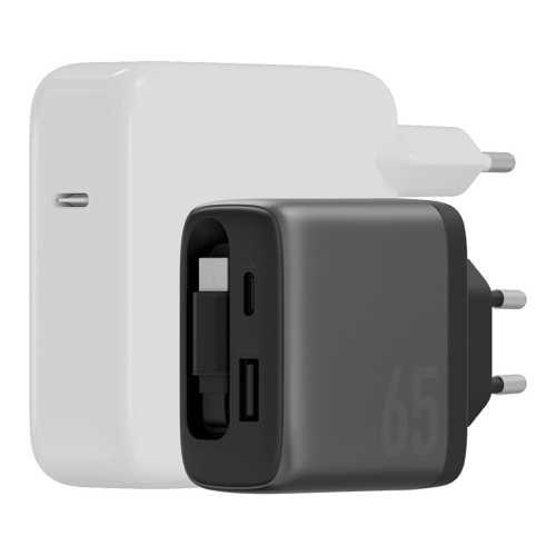 Energea СЗУ AmpCharge Arc 65, USB-C +USB-A +70cm retractable USB-C cable (total 65W) Gunmetal