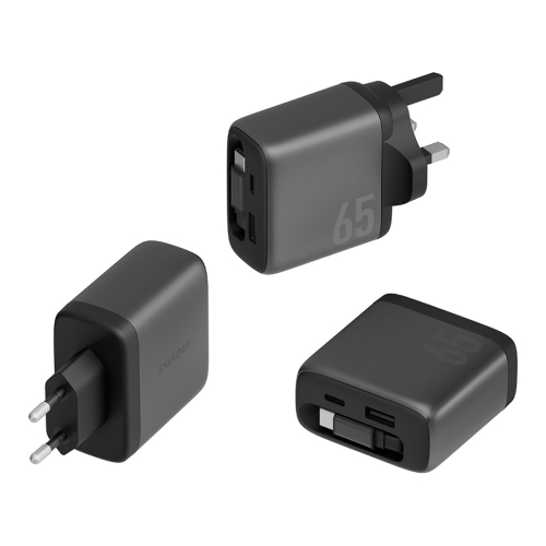 Energea СЗУ AmpCharge Arc 65, USB-C +USB-A +70cm retractable USB-C cable (total 65W) Gunmetal