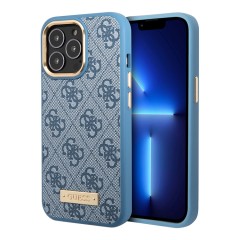 Чехол Guess PU 4G Plate metal logo Hard для iPhone 13 Pro Max, голубой (Magsafe)