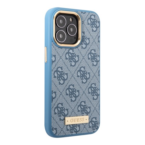 Чехол Guess PU 4G Plate metal logo Hard для iPhone 13 Pro Max, голубой (Magsafe)