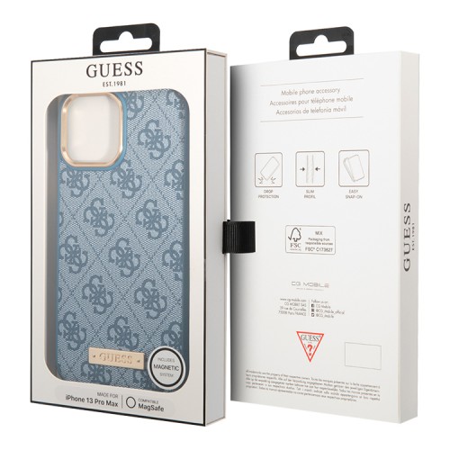Чехол Guess PU 4G Plate metal logo Hard для iPhone 13 Pro Max, голубой (Magsafe)