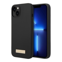 Чехол Guess Liquid Silicone Plate metal logo Hard для iPhone 14, черный (Magsafe)