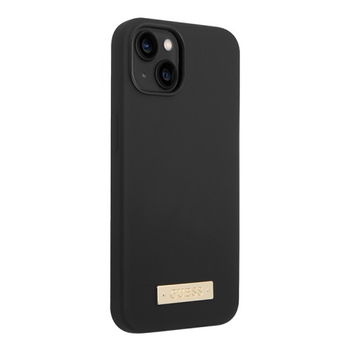 Чехол Guess Liquid Silicone Plate metal logo Hard для iPhone 14, черный (Magsafe)