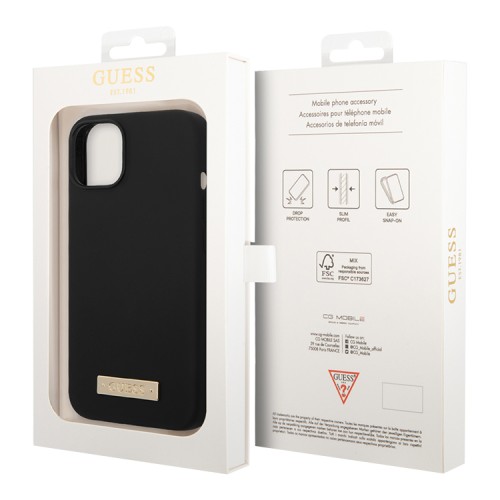 Чехол Guess Liquid Silicone Plate metal logo Hard для iPhone 14, черный (Magsafe)