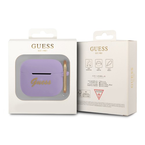 Чехол Guess Silicone Script logo с карабином для Airpods 3 (2021), фиолетовый