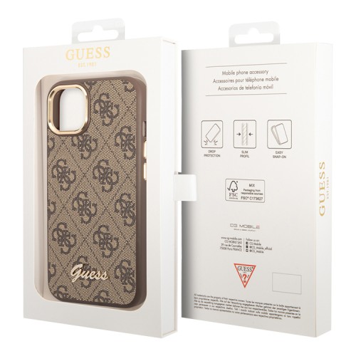 Чехол Guess PU 4G Script metal logo Hard для iPhone 14 Plus, коричневый