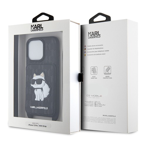 Чехол Lagerfeld Crossbody cardslot PU Saffiano Monogram NFT Choupette Hard для iPhone 13 Pro, черный