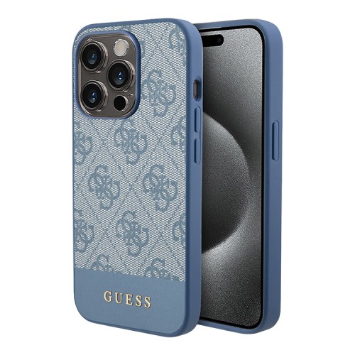 Guess для iPhone 15 Pro чехол PU 4G Bottom stripe Metal logo Hard Blue