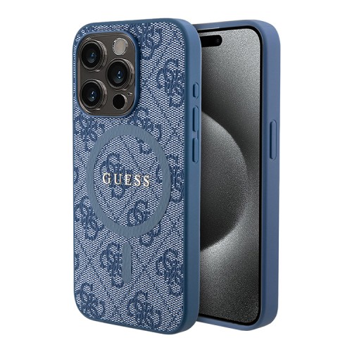 Guess для iPhone 15 Pro чехол PU 4G Colored ring Metal logo Hard Blue (MagSafe)