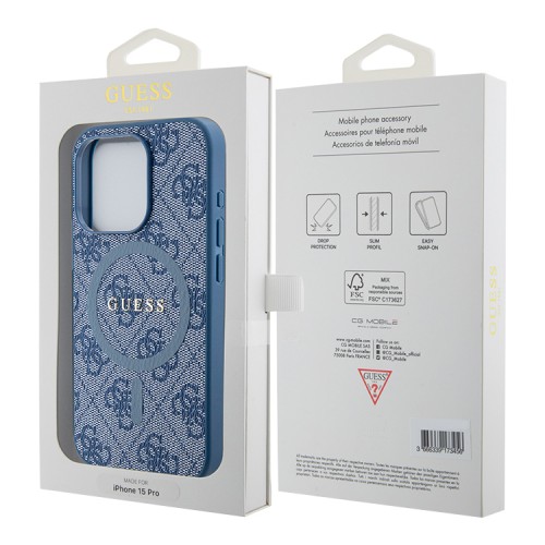 Guess для iPhone 15 Pro чехол PU 4G Colored ring Metal logo Hard Blue (MagSafe)