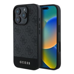 Guess для iPhone 16 Pro Max чехол PU кожа 4G Bottom stripe Metal logo Grey
