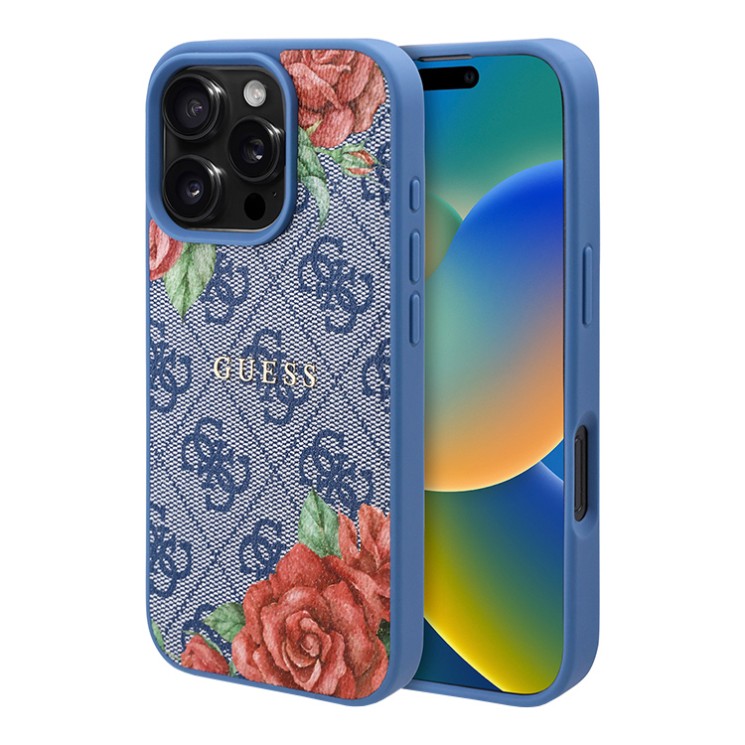 Guess для iPhone 16 Pro чехол PU Flowers Roses Hard Blue (MagSafe)