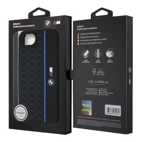 BMW для iPhone 16e чехол M-collection Liquid silicone Hexagon Hard Black/Blue (MagSafe)