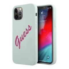 Чехол Guess Liquid Silicone Script logo для iPhone 12 Pro Max, голубой/фуксия