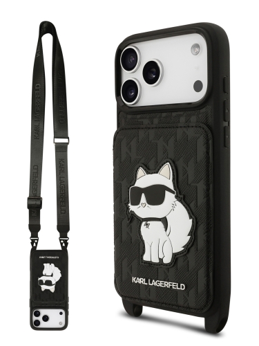 Karl Lagerfeld для iPhone 17 Pro Max чехол Crossbody cardslot PU Saffiano Monogram NFT Choupette Hard Black