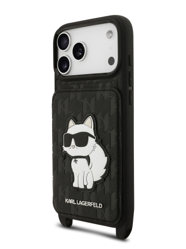 Karl Lagerfeld для iPhone 17 Pro Max чехол Crossbody cardslot PU Saffiano Monogram NFT Choupette Hard Black