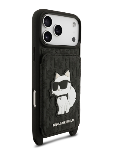 Karl Lagerfeld для iPhone 17 Pro Max чехол Crossbody cardslot PU Saffiano Monogram NFT Choupette Hard Black