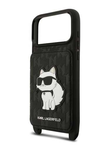 Karl Lagerfeld для iPhone 17 Pro Max чехол Crossbody cardslot PU Saffiano Monogram NFT Choupette Hard Black