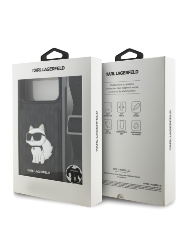 Karl Lagerfeld для iPhone 17 Pro Max чехол Crossbody cardslot PU Saffiano Monogram NFT Choupette Hard Black