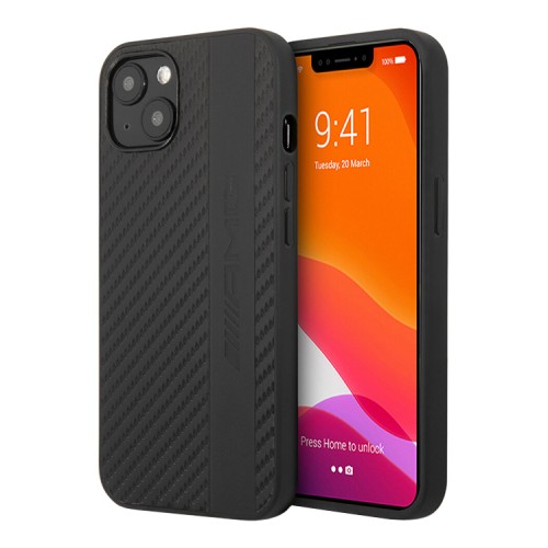 Чехол AMG PU Carbon effect Grey stripe Hard для iPhone 13, черный