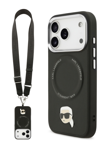 Karl Lagerfeld для iPhone 17 Pro чехол Crossbody PU NFT Karl head Metal&Cam Hard + Strap Black (MagSafe)