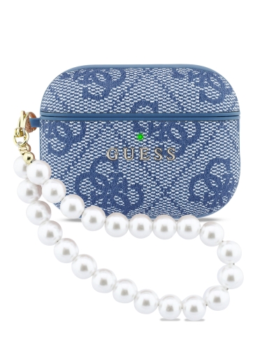 Guess для Airpods Pro 3 чехол PU leather 4G with Classic metal logo and Pearl hand strap Blue