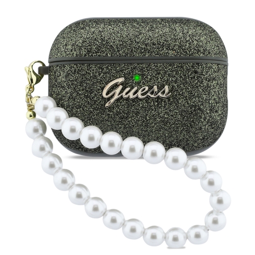 Guess для Airpods Pro 3 чехол Glitter flakes Metal logo with Pearl hand strap Khaki