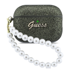 Guess для Airpods Pro 3 чехол Glitter flakes Metal logo with Pearl hand strap Khaki
