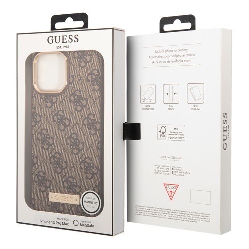 Чехол Guess PU 4G Plate metal logo Hard для iPhone 13 Pro Max, коричневый (Magsafe)