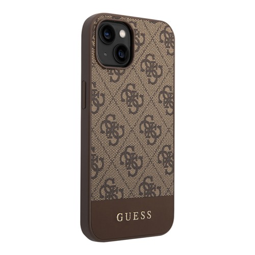 Чехол Guess 4G Stripe Metal logo Hard для iPhone 14, коричневый