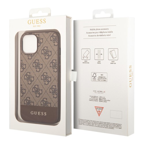 Чехол Guess 4G Stripe Metal logo Hard для iPhone 14, коричневый