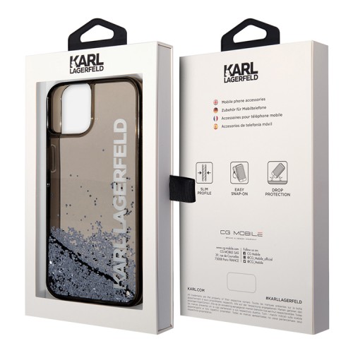 Чехол Lagerfeld Liquid glitter Elongated logo Hard Translucent для iPhone 14, черный