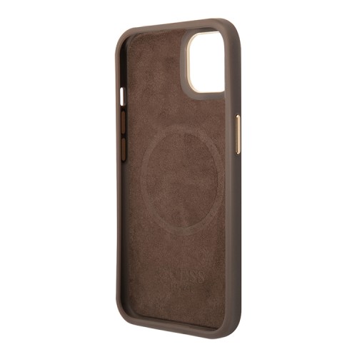 Чехол Guess PU 4G Script metal logo Hard для iPhone 14 Plus, коричневый (Magsafe)