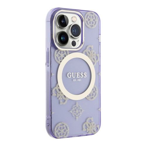 Чехол Guess Peony Glitter Hard для iPhone 14 Pro Max, фиолетовый/золотой (MagSafe)
