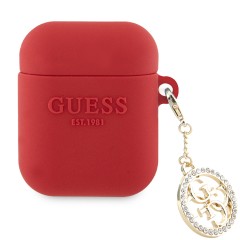 Guess для Airpods 1/2 чехол Liquid silicone 3D Logo with 4G Diamond charm Fuchsia