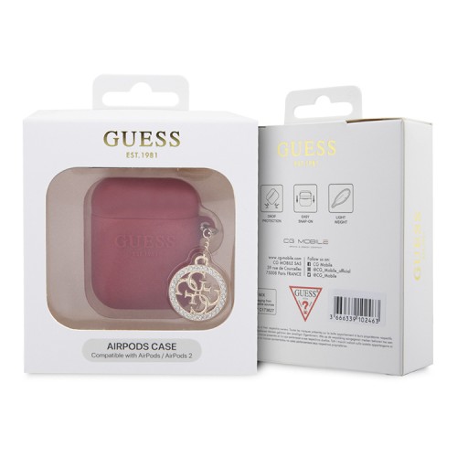 Guess для Airpods 1/2 чехол Liquid silicone 3D Logo with 4G Diamond charm Fuchsia