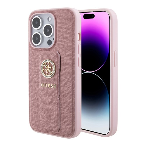 Guess для iPhone 15 Pro Max чехол GripStand PU Saffiano with 4G Circle Diamond logo Hard Pink