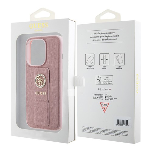 Guess для iPhone 15 Pro Max чехол GripStand PU Saffiano with 4G Circle Diamond logo Hard Pink