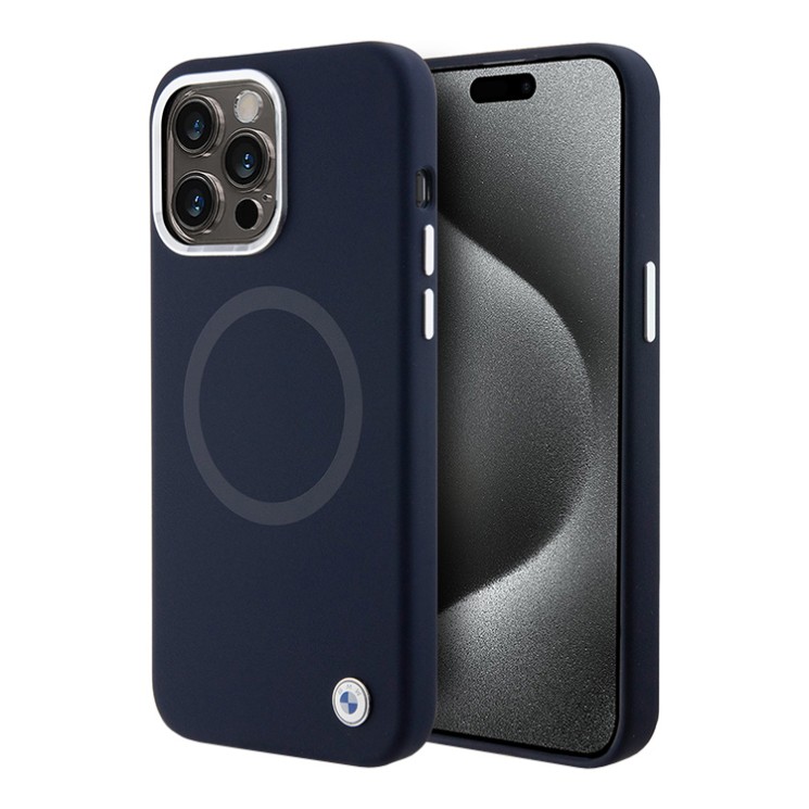 BMW для iPhone 15 Pro Max чехол Signature Liquid silicone Laser Ring Hard Navy (MagSafe)